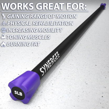Black weighted bar with purple foam end cap labeled "5LB" and "Synergee" branding on concrete background. Text overlay lists uses for range of motion, rehabilitation, mobility, muscle toning, and fat burning.