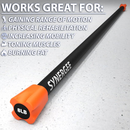 Black weighted bar with orange end cap marked 8LB, labeled Synergee on the shaft, displayed on a concrete surface.