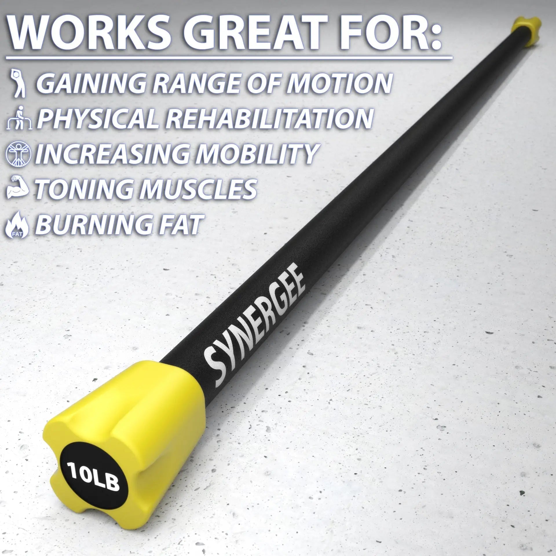 Synergee weighted workout bar with yellow 10-pound end cap and black shaft on concrete background.