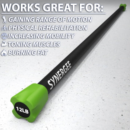 Black weighted bar with bright green end cap labeled "12LB" on a concrete surface. The bar displays "Synergee" branding along its length.