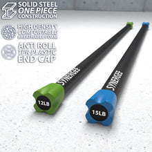 Two Synergee weighted workout bars with solid steel construction and colored end caps on a speckled gray surface. The green bar is labeled 12LB and the blue bar is labeled 15LB.
