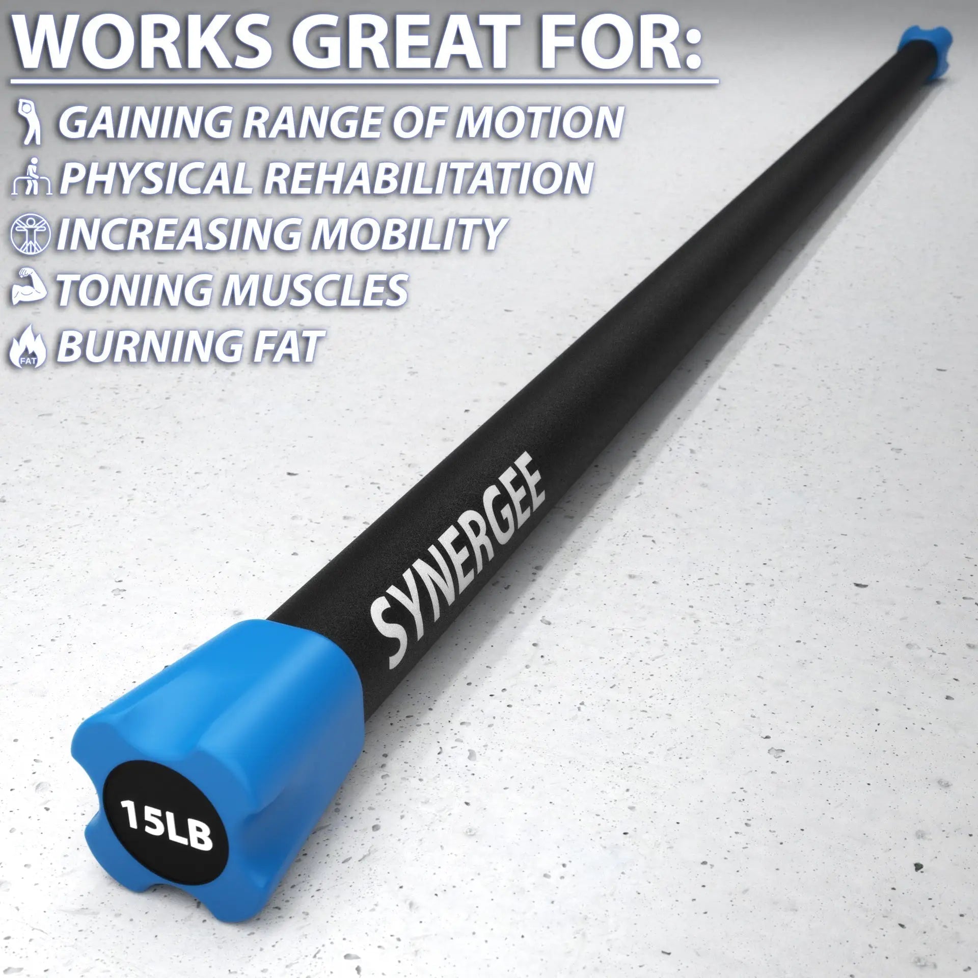 Synergee weighted workout bar with blue 15-pound end caps and black shaft on concrete surface.