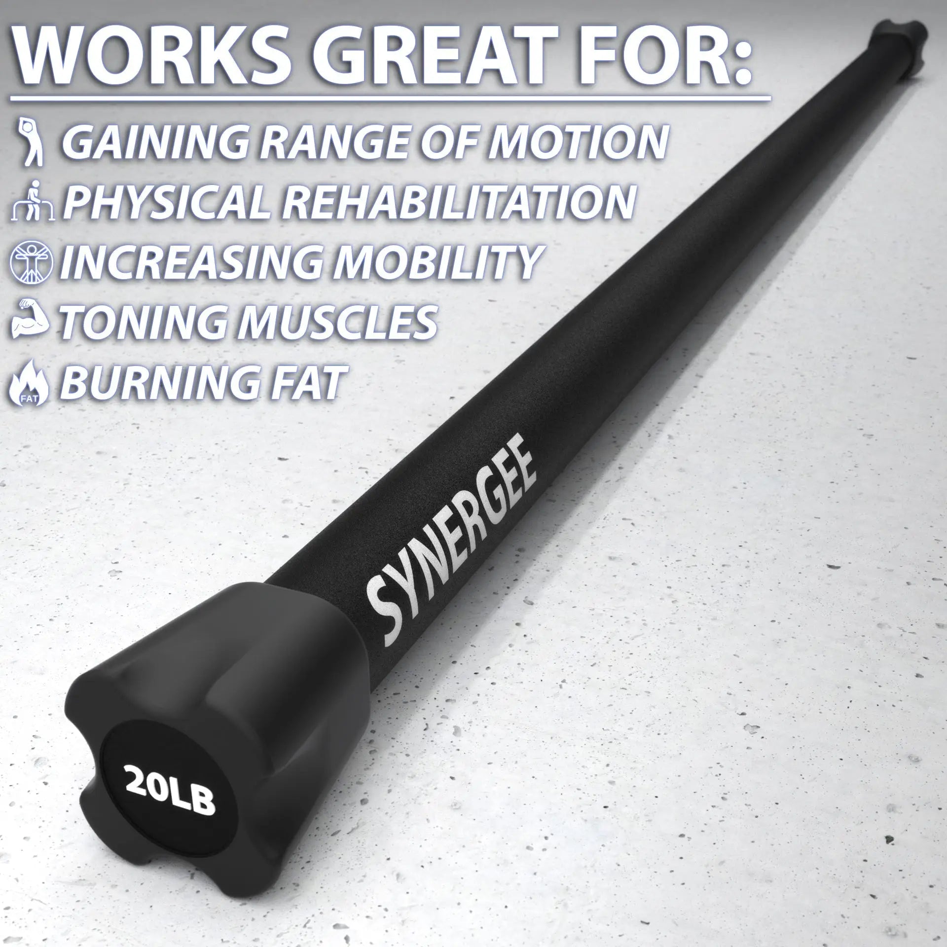 Black weighted bar labeled "Synergee" with 20LB weight marked on the rounded end, displayed on a concrete surface.