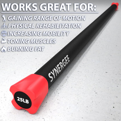 Black weighted bar with red foam end cap labeled "25LB" and "SYNERGEE" branding on concrete background.
