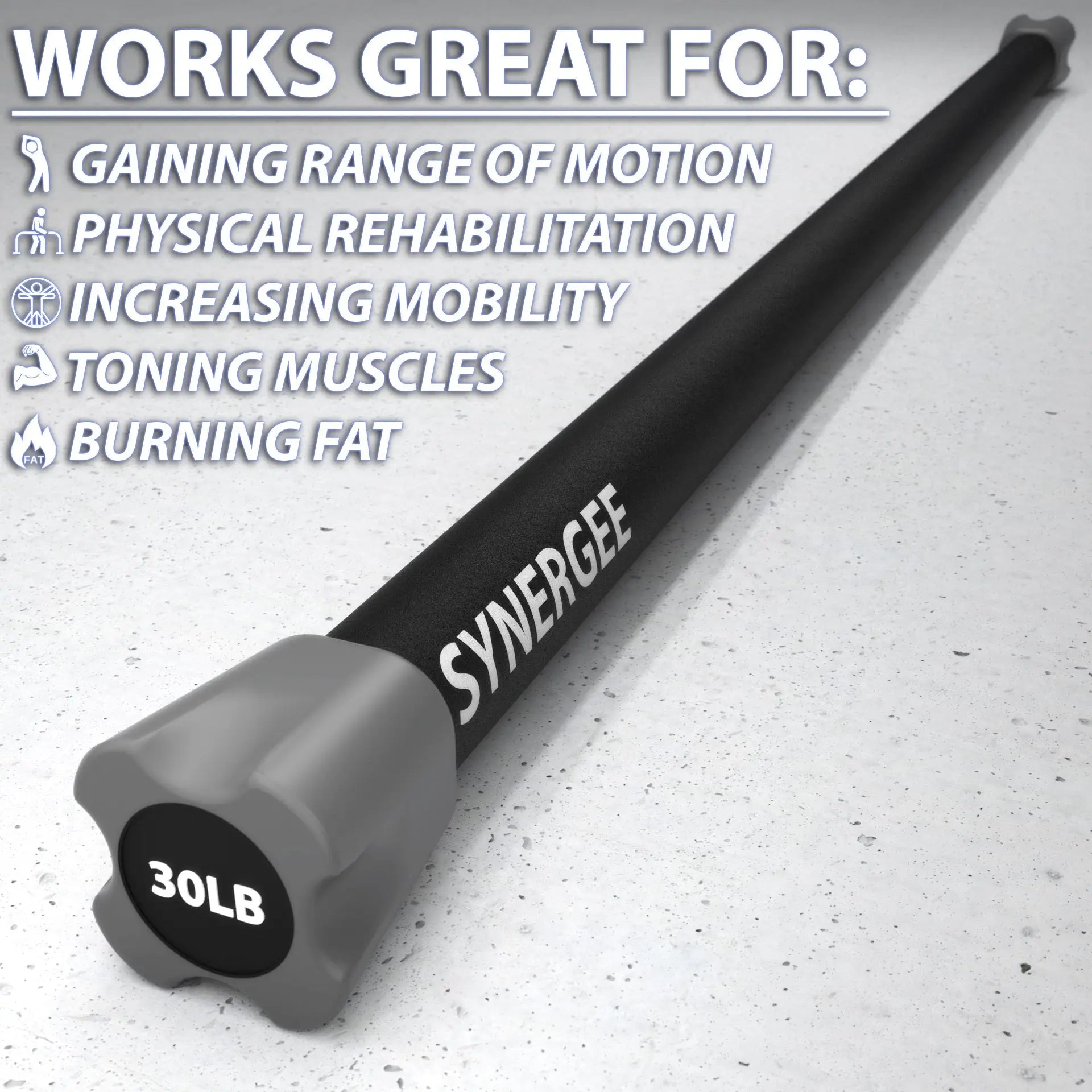 Black weighted bar with gray end cap labeled "30LB" and "SYNERGEE" branding on the shaft, displayed on a concrete surface.