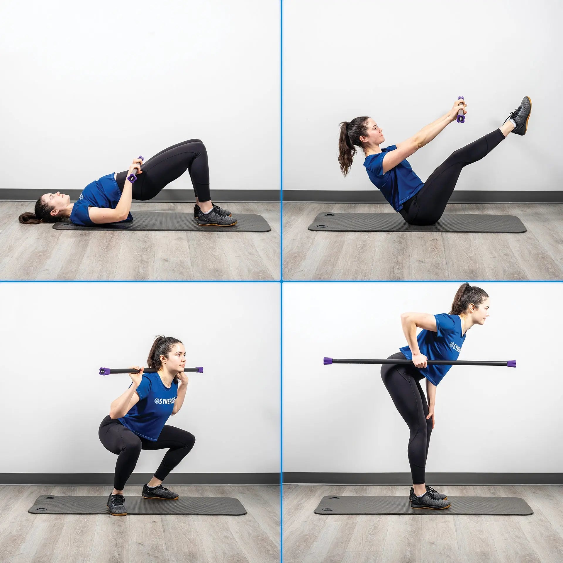 Woman demonstrating four exercises with a purple-ended weighted bar: lying chest press with dumbbells, seated leg raises with dumbbells, squatting while holding the bar across shoulders, and standing single-leg kick while holding the bar.