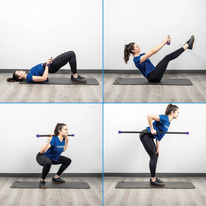 Woman demonstrating four exercises with a purple-ended weighted bar: lying chest press with dumbbells, seated leg raises with dumbbells, squatting while holding the bar across shoulders, and standing single-leg kick while holding the bar.