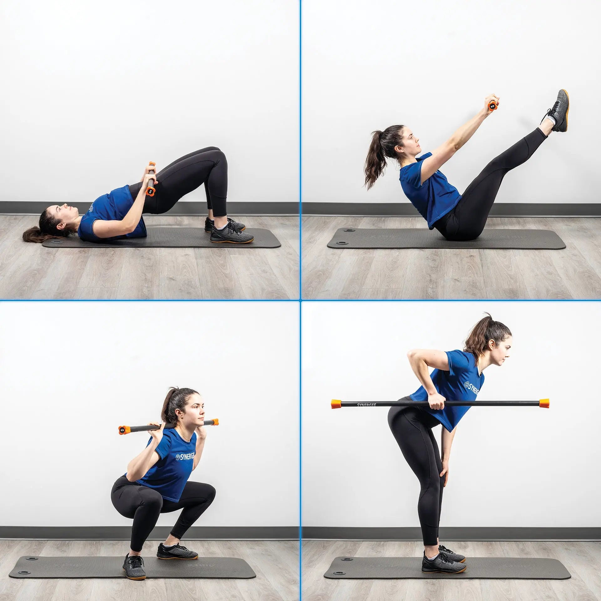 Four-panel workout sequence showing a woman performing exercises with an orange and black weighted bar on a gray exercise mat. Top left: lying chest press; top right: seated leg raises; bottom left: squatting position; bottom right: standing knee ...