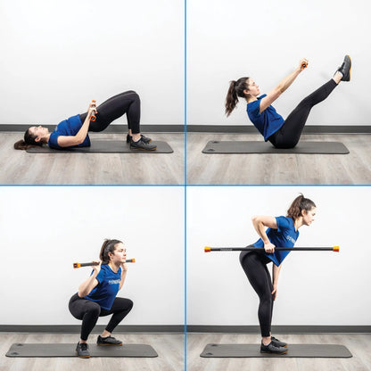 Four-panel workout sequence showing a woman performing exercises with an orange and black weighted bar on a gray exercise mat. Top left: lying chest press; top right: seated leg raises; bottom left: squatting position; bottom right: standing knee ...