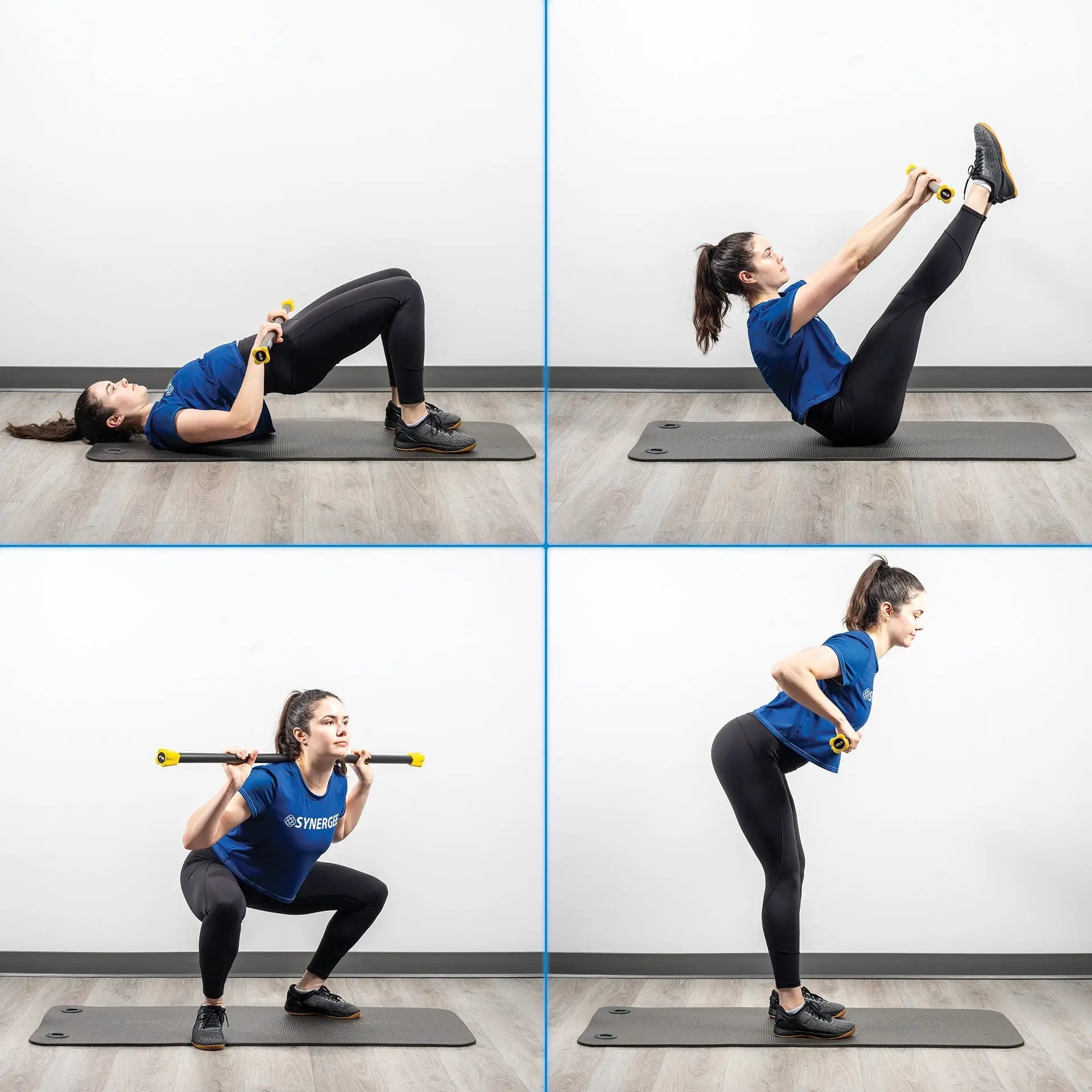 Four-panel workout sequence showing woman performing exercises with yellow and black weighted bar on gray exercise mat. Movements include lying chest press, seated leg raises, squats, and single-leg deadlifts.