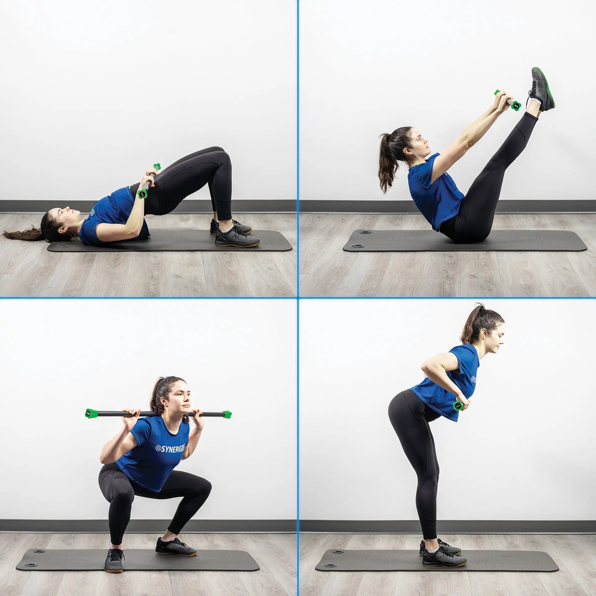 Woman demonstrating four exercises with a green weighted bar: chest press while lying down, leg raises while seated, barbell squats, and single-leg deadlifts on a gray mat.