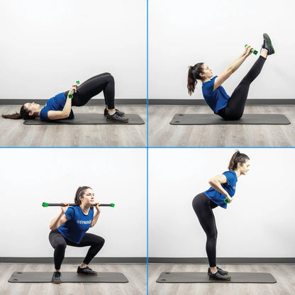 Woman demonstrating four exercises with a green weighted bar: chest press while lying down, leg raises while seated, barbell squats, and single-leg deadlifts on a gray mat.