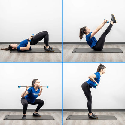 Four demonstration poses using a weighted bar with blue end caps: woman performing lying chest press, seated leg raise, squatting with bar across shoulders, and standing back extension on gray exercise mats.
