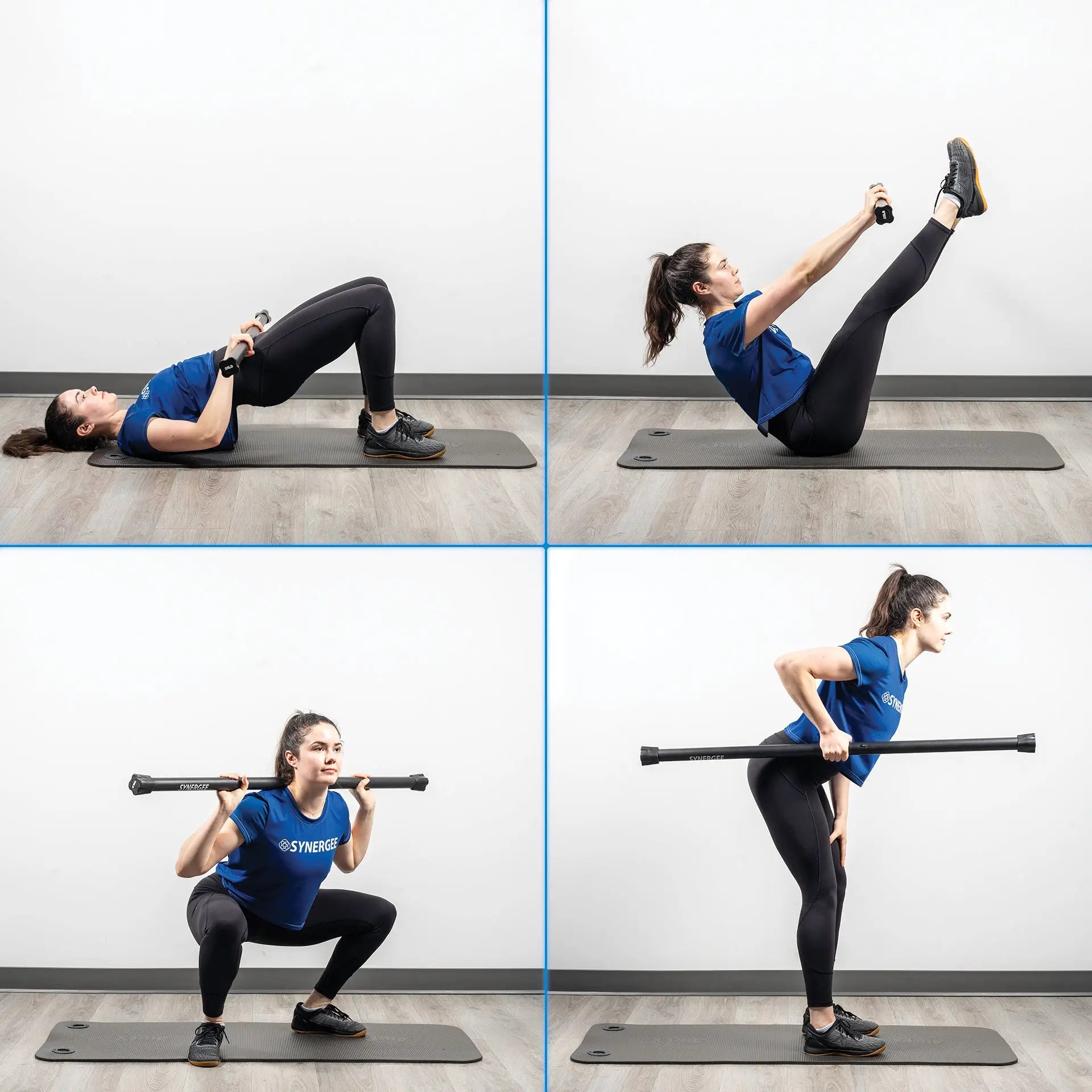 Woman demonstrating four exercises with a weighted workout bar on a gray exercise mat: lying chest press with dumbbells, seated leg raises, barbell squat, and standing leg lift with bar across shoulders.
