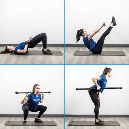 Woman demonstrating four exercises with a weighted workout bar on a gray exercise mat: lying chest press with dumbbells, seated leg raises, barbell squat, and standing leg lift with bar across shoulders.
