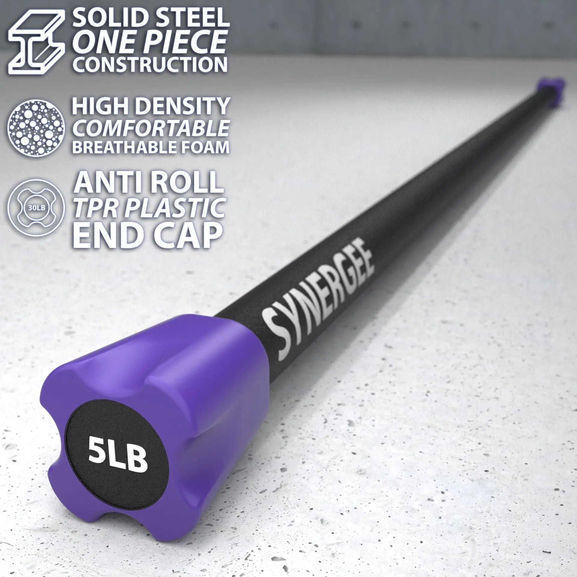 Purple and black weighted workout bar with 5LB marking on the end cap, solid steel construction, and high-density foam grip. Purple TPR plastic end cap visible on concrete surface.