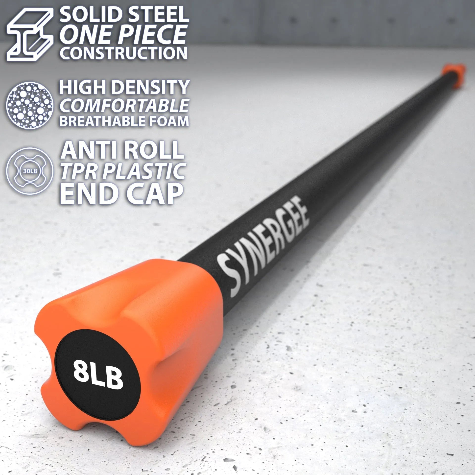 Weighted workout bar with solid steel construction, black shaft, and bright orange foam-padded end cap labeled "8LB." High-density breathable foam grip with anti-roll TPR plastic end cap.