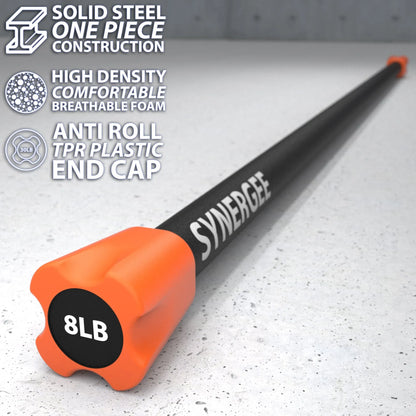 Weighted workout bar with solid steel construction, black shaft, and bright orange foam-padded end cap labeled "8LB." High-density breathable foam grip with anti-roll TPR plastic end cap.