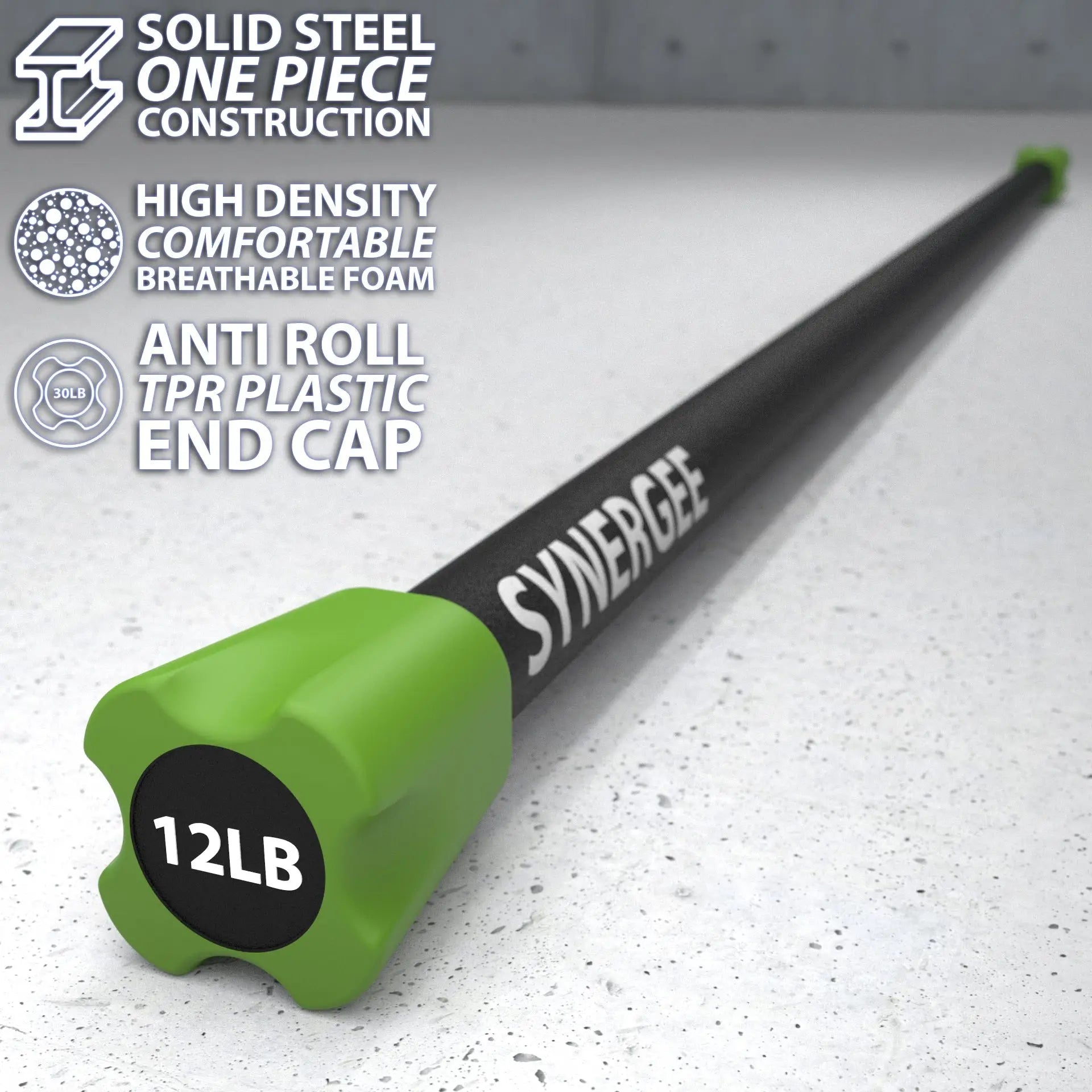 Black steel weighted bar with green foam end cap labeled 12LB, resting on speckled gray floor. The bar features solid steel construction with high-density breathable foam padding and anti-roll TPR plastic end cap.