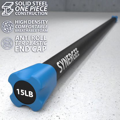 A 15-pound weighted workout bar with a black steel shaft and blue TPR plastic end cap on a speckled gray surface. The bar features high-density foam grip and anti-roll design.