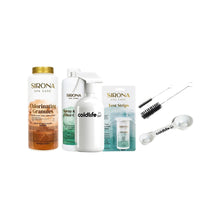 A collection of spa care products, including a bottle of Sirona chlorinating granules, a spray bottle labeled coldlife, a Sirona spray and filter cleaner, a pack of Sirona test strips, two brushes, and a measuring spoon, all arranged on a white background.