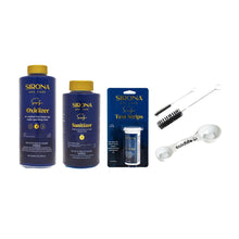 A collection of spa care products including Sirona Oxidizer, Sirona Sanitizer, Sirona Test Strips, two cleaning brushes, and a measuring spoon labeled 'coldlife'.
