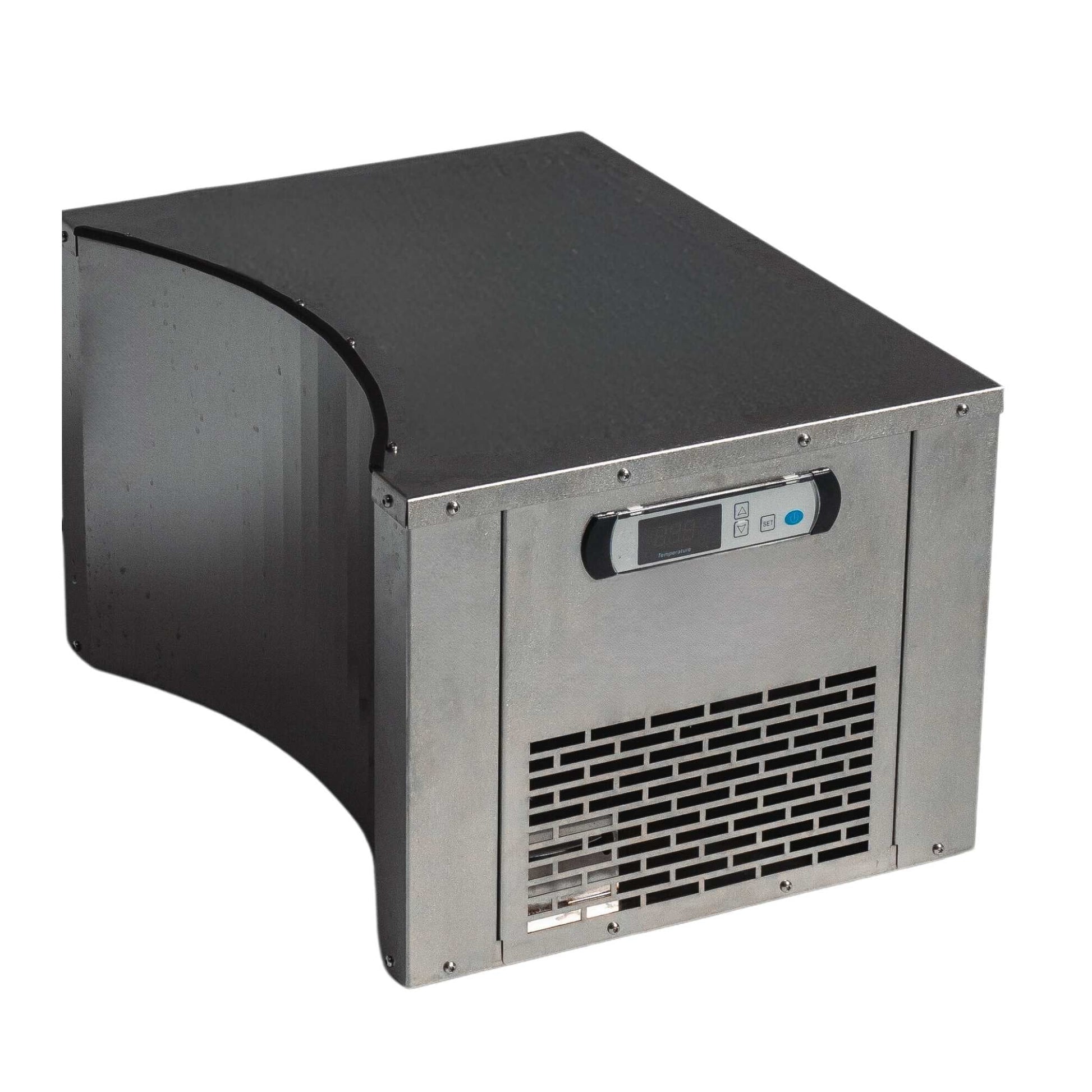 A compact stainless steel ice maker with a digital control panel on the front, featuring a curved top design and ventilation grill at the bottom.