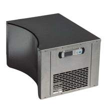 A compact stainless steel ice maker with a digital control panel on the front, featuring a curved top design and ventilation grill at the bottom.