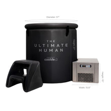 Image of a black cylindrical cold therapy unit labeled 'The Ultimate Human' powered by Coldlife, accompanied by a small black step stool on the left and a silver cooling unit on the right. The cold therapy unit has a diameter and height of 37 inches, while the cooling unit measures 15.8 inches in width and 15 inches in height.