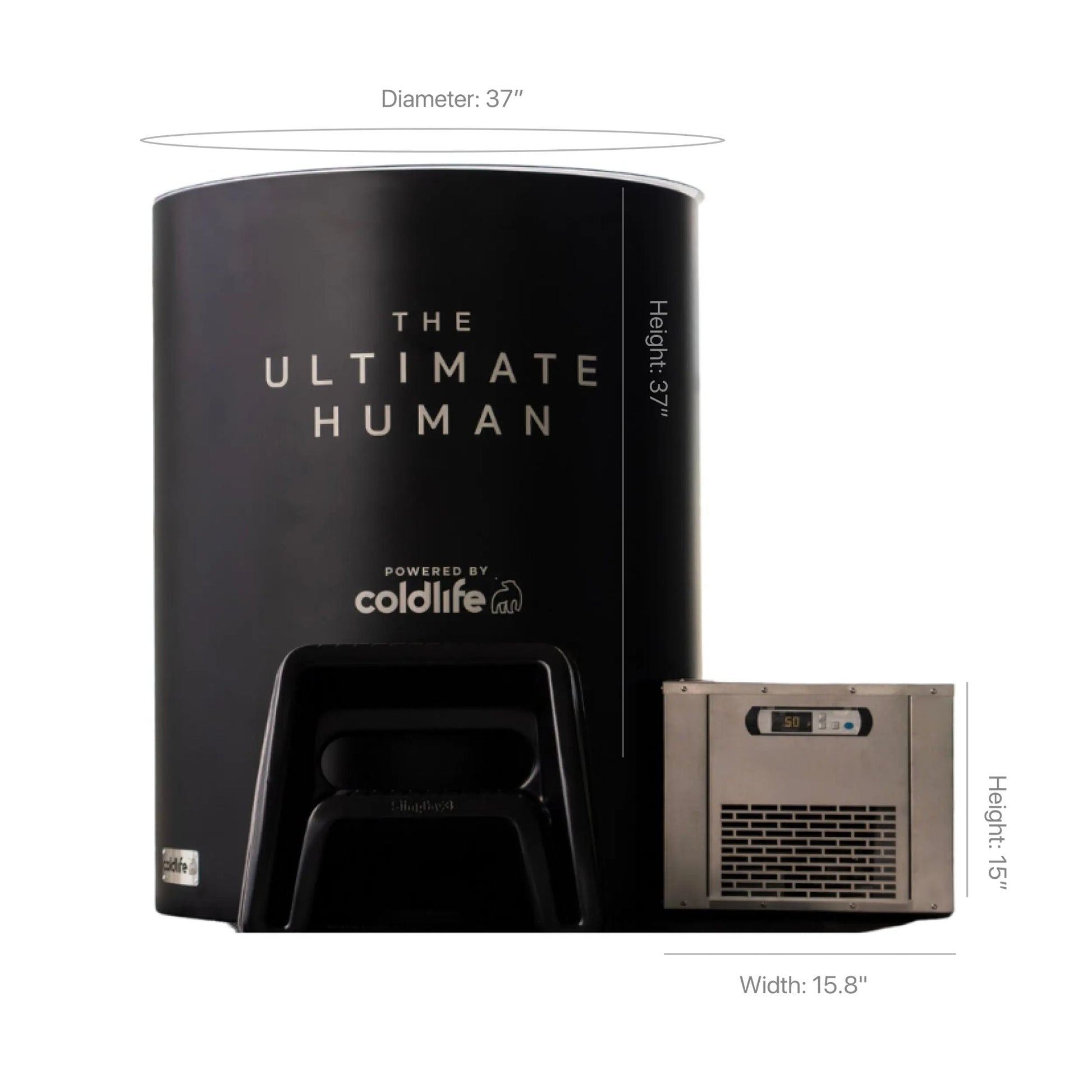 A black cylindrical product labeled The Ultimate Human powered by coldlife, with dimensions indicating a diameter of 37 inches and a height of 37 inches. Next to it is a smaller rectangular unit with a height of 15 inches and a width of 15.8 inches.