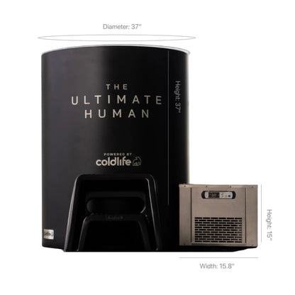 A black cylindrical product labeled The Ultimate Human powered by coldlife, with dimensions indicating a diameter of 37 inches and a height of 37 inches. Next to it is a smaller rectangular unit with a height of 15 inches and a width of 15.8 inches.