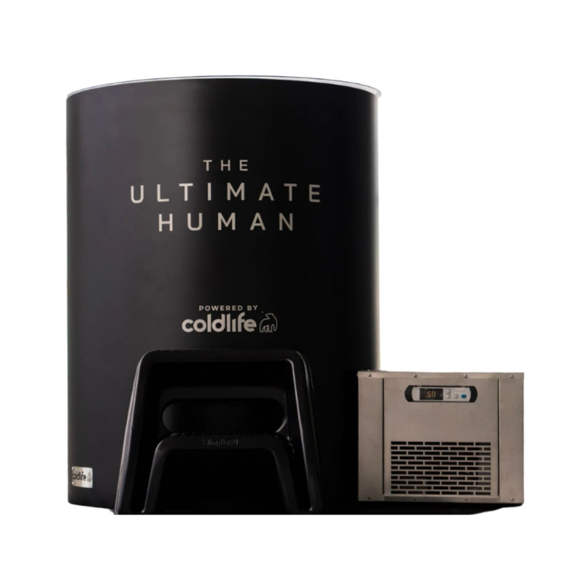 A sleek black cylindrical device labeled 'THE ULTIMATE HUMAN' powered by coldlife, with a metallic cooling unit attached to the side.