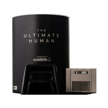 A sleek black cylindrical device labeled 'THE ULTIMATE HUMAN' powered by coldlife, with a metallic cooling unit attached to the side.