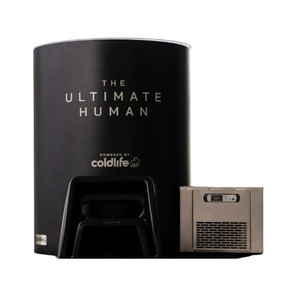 A sleek black cylindrical device labeled 'THE ULTIMATE HUMAN' powered by coldlife, with a metallic cooling unit attached to the side.