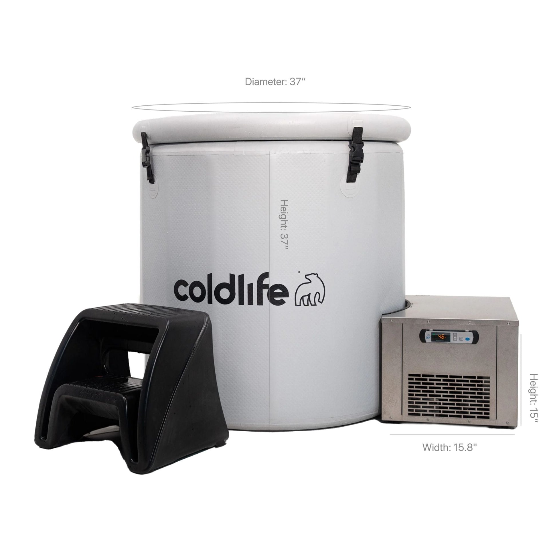 A cold therapy tub labeled 'coldlife' with a height of 37 inches and a diameter of 37 inches, accompanied by a black step stool and an ice machine with a height of 15 inches and a width of 15.8 inches.