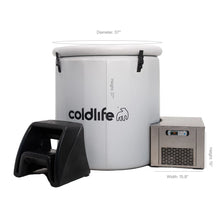 A cold therapy tub labeled 'coldlife' with a height of 37 inches and a diameter of 37 inches, accompanied by a black step stool and an ice machine with a height of 15 inches and a width of 15.8 inches.