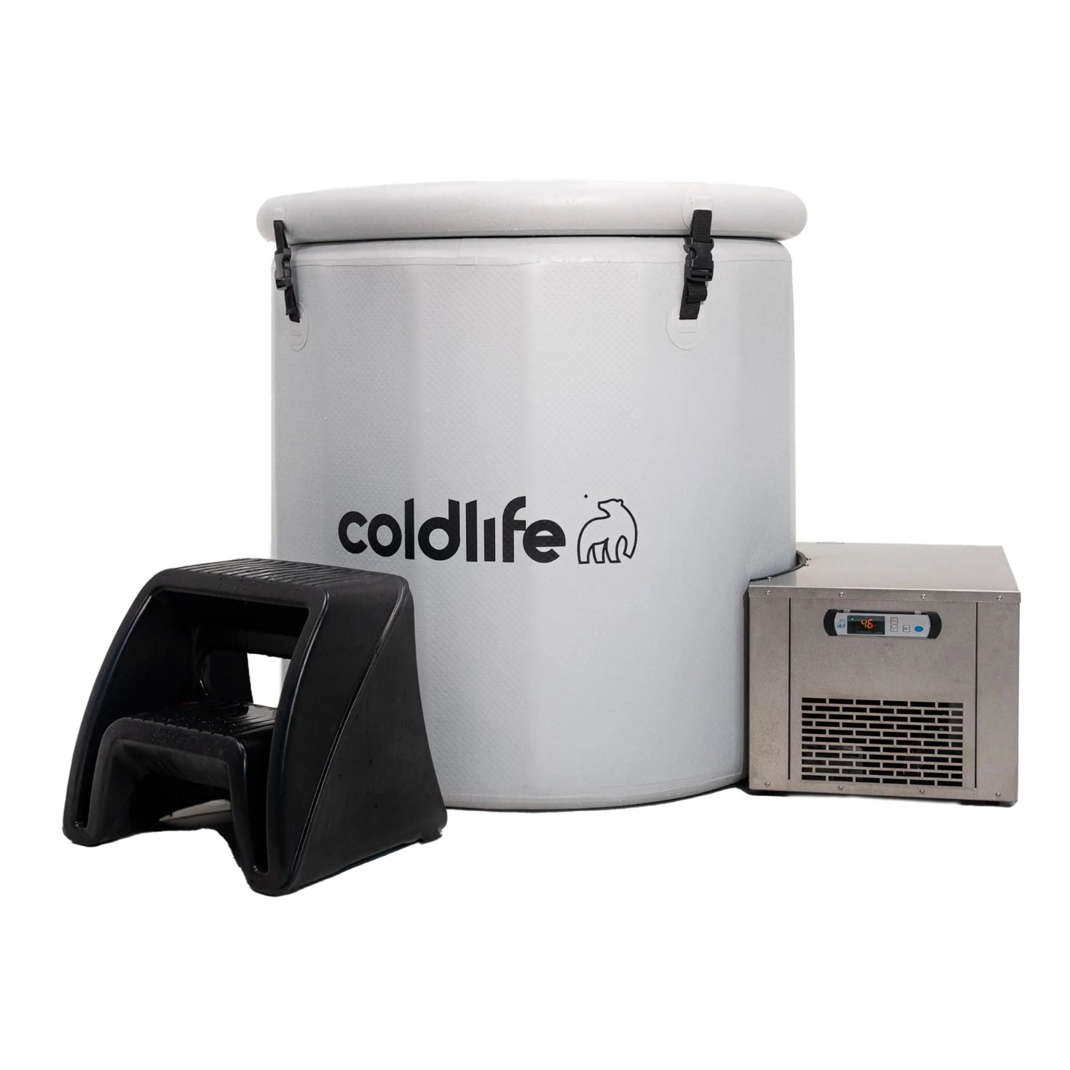 ColdLife ice bath setup featuring a large white tub with the ColdLife logo, a black step stool, and a silver cooling unit.