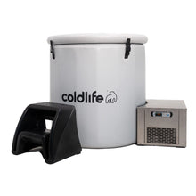 ColdLife ice bath setup featuring a large white tub with the ColdLife logo, a black step stool, and a silver cooling unit.
