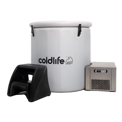 ColdLife ice bath setup featuring a large white tub with the ColdLife logo, a black step stool, and a silver cooling unit.
