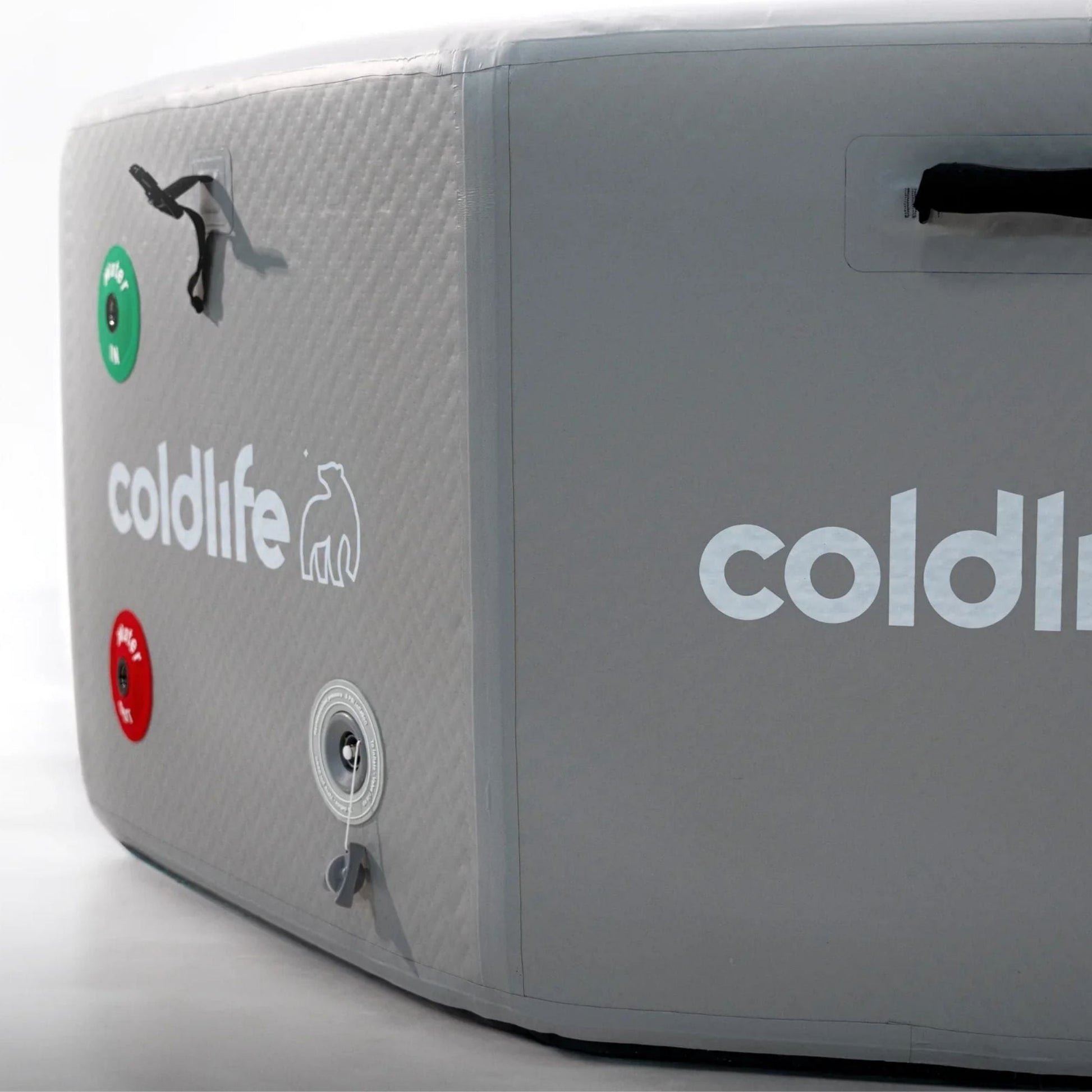 Close-up of a gray coldlife product featuring the brand logo and colored buttons for functionality.