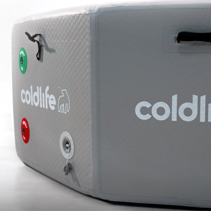 Close-up of a gray coldlife product featuring the brand logo and colored buttons for functionality.