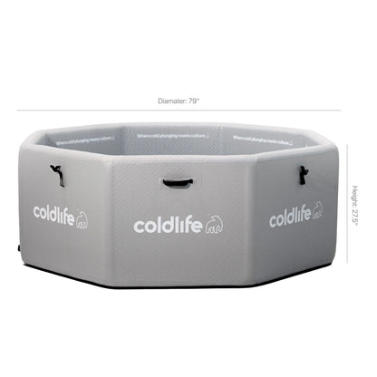 A cold plunge tub by Coldlife, featuring a hexagonal design with a diameter of 79 inches and a height of 27.5 inches. The interior displays the phrase Where cold plunging meets culture.