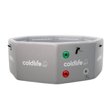 A gray octagonal cold plunge tub with the logo 'coldlife' and text 'Where cold plunging meets culture,' featuring green and red water inlet and outlet indicators.