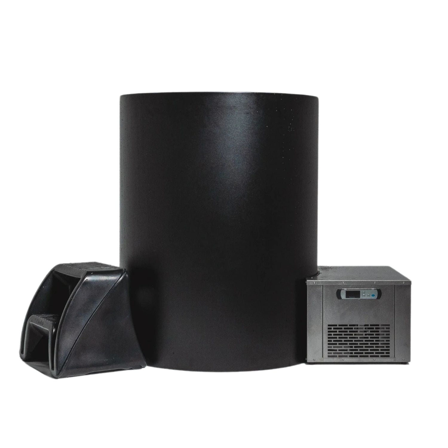 A black cylindrical container with a small black ice maker on one side and a black plastic scoop holder on the other side.