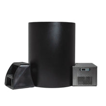 A black cylindrical container with a small black ice maker on one side and a black plastic scoop holder on the other side.