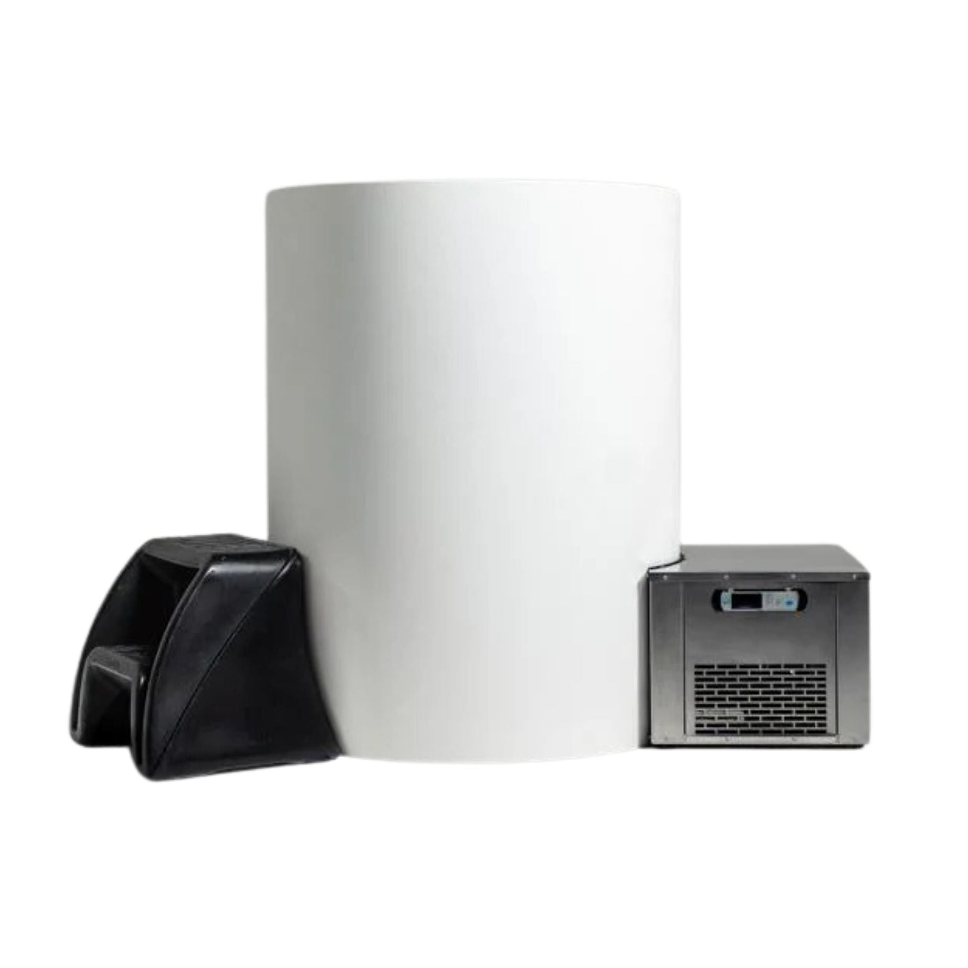 A minimalist ice maker machine in white with a black base and a silver compartment, designed for countertop use.
