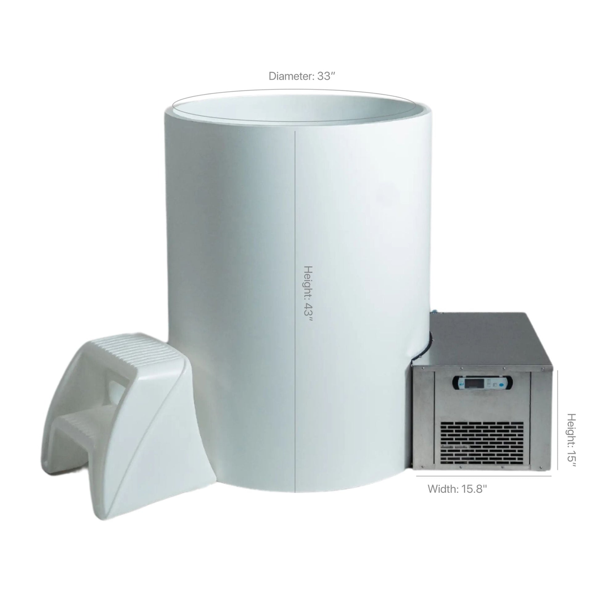 A white cylindrical tub with a diameter of 33 inches and a height of 43 inches, accompanied by a silver cooling unit measuring 15.8 inches in width and 15 inches in height, with a small step stool on the side.