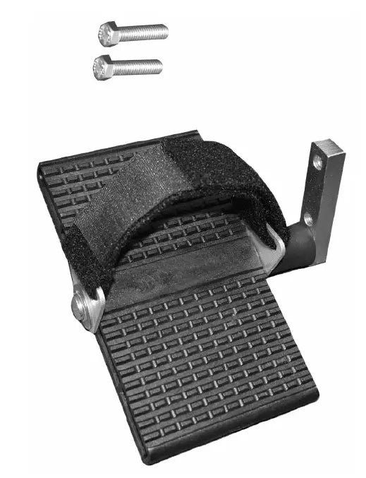Black textured footrest with a mounting bracket and two silver metal screws, shown on a plain white background.