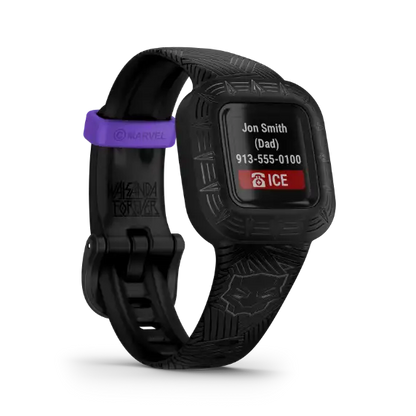 vívofit jr. 3 Black Panther edition – front display view with comic graphic strap