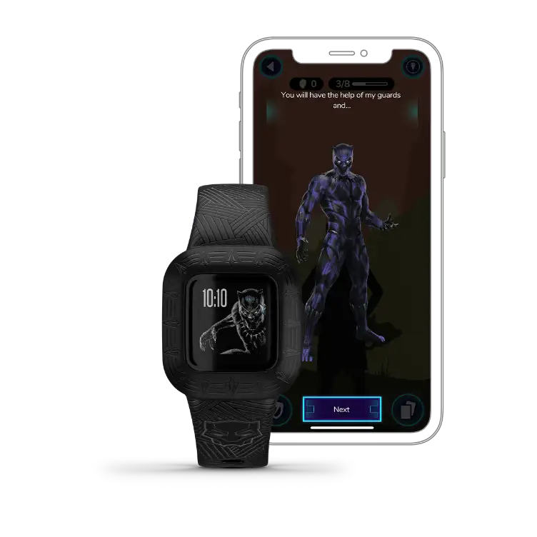 Garmin vívofit jr. 3 Black Panther band – angled product shot of Marvel-themed kids tracker